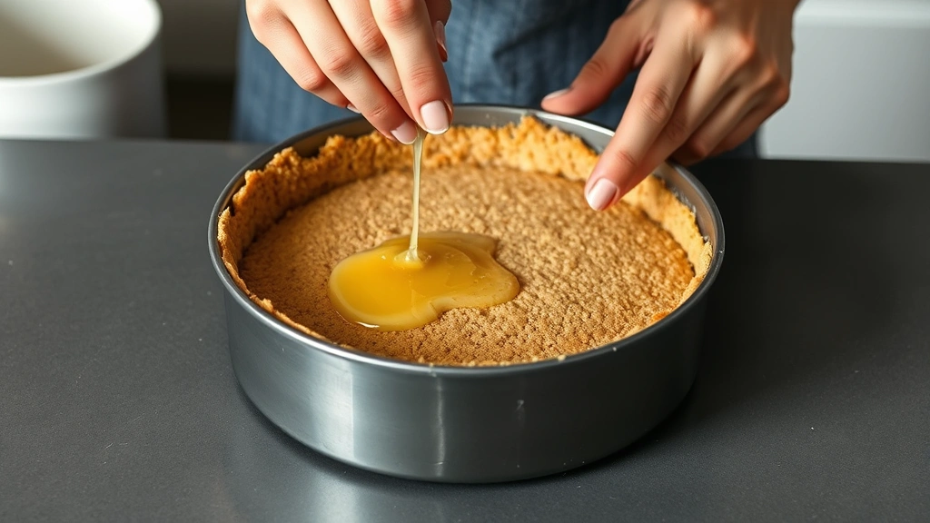 process: hands pressing graham cracker crust into springform pan, melted butter dripping, close-up action shot, photorealistic, natural kitchen light, no text