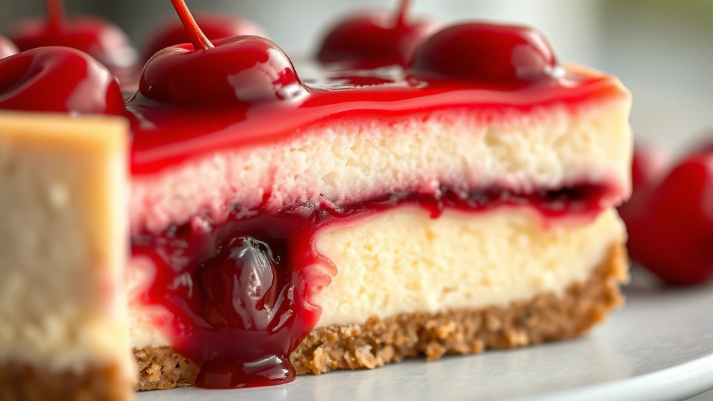 detail: close-up macro of cherry cheesecake cross-section showing layers of crust, creamy filling, and cherry topping, photorealistic, natural light, shallow depth of field, no text