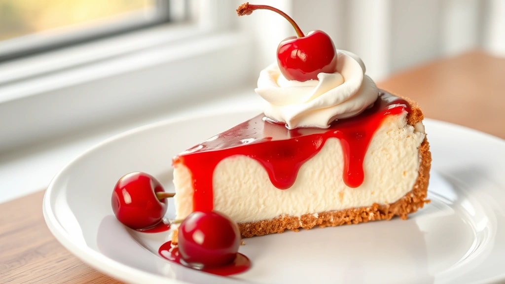 hero: slice of cherry cheesecake on white plate with cherry topping and whipped cream, photorealistic, natural window light, soft shadows, no text