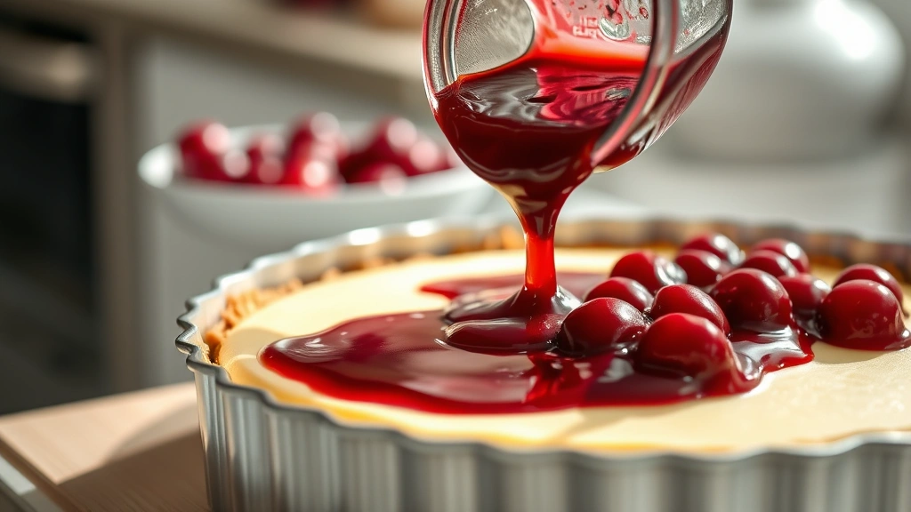 process: pouring cherry topping over baked cheesecake in springform pan, photorealistic, bright kitchen light, no text