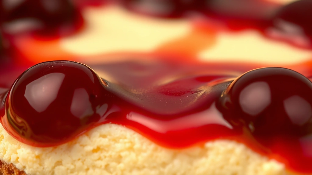 detail: close-up of creamy cheesecake filling with glossy cherry sauce, photorealistic, macro photography, natural light, no text