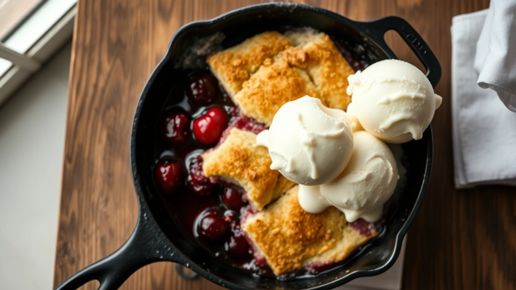 hero: overhead shot of cherry cobbler in cast iron skillet with golden biscuit topping and melting vanilla ice cream on the side, steam rising, natural window light, rustic wooden table background