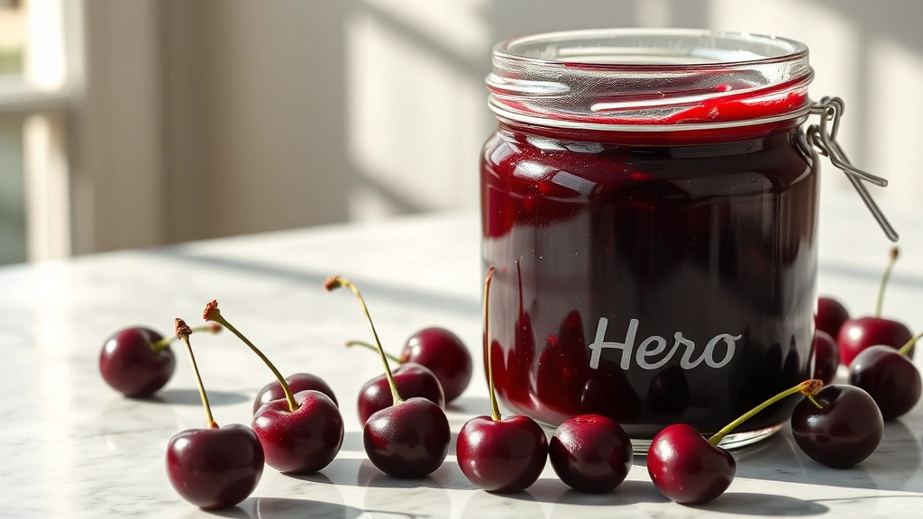 hero: jar of deep ruby cherry confiture with glossy surface, morning sunlight streaming through, fresh cherries scattered nearby on marble surface, photorealistic, no text, professional food photography