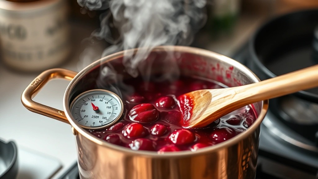 process: bubbling cherry mixture in copper jam pot at precise moment of reaching 220°F on thermometer, wooden spoon resting against pot rim, steam rising, photorealistic, natural kitchen lighting, no text