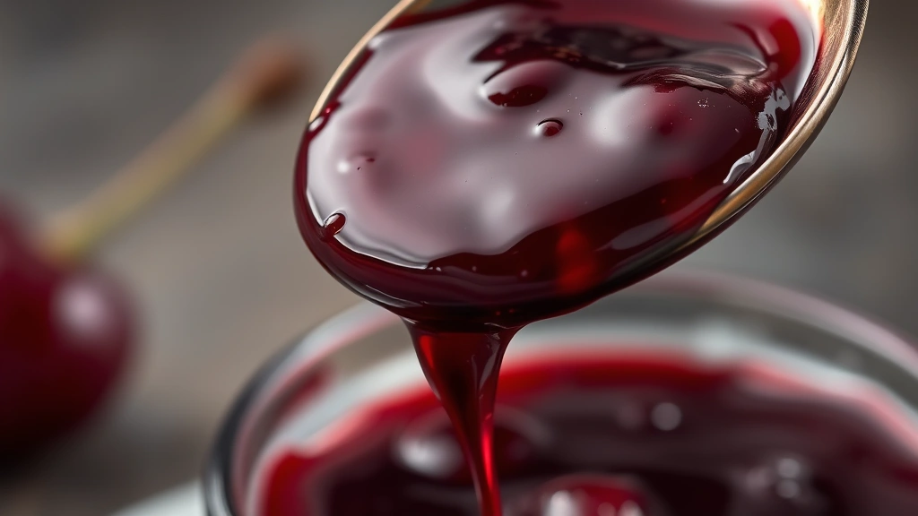 detail: close-up spoonful of jewel-toned cherry confiture dripping slowly, showcasing glossy texture and deep color, single fresh cherry in background, photorealistic, macro photography, no text