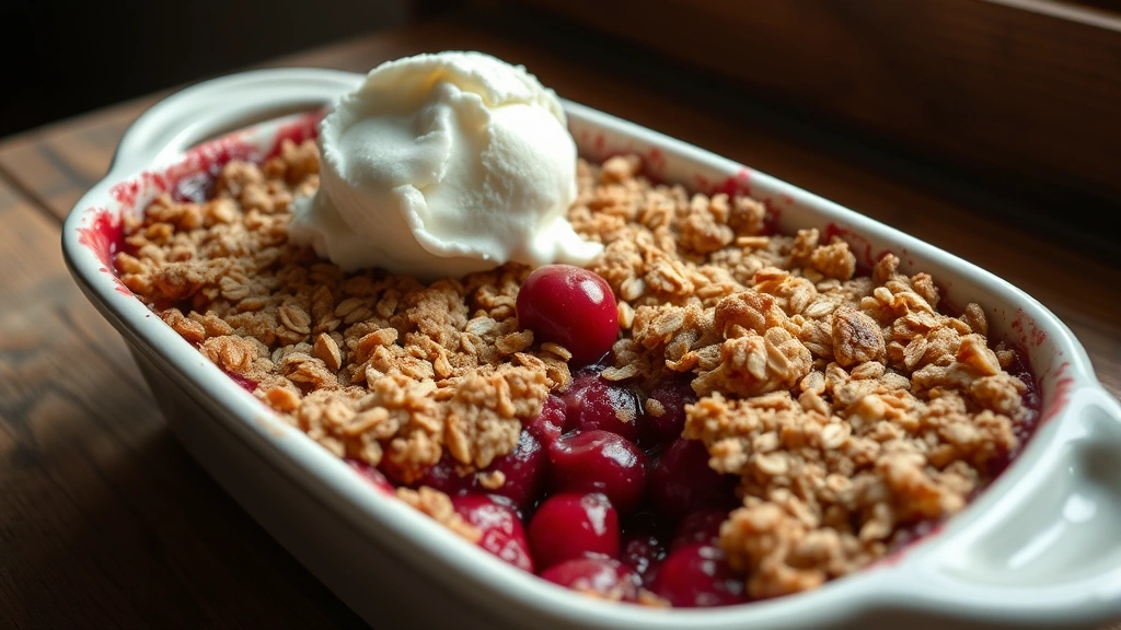 hero: warm cherry crisp in ceramic baking dish with golden-brown crispy oat topping bubbling with cherry filling, served with vanilla ice cream scoop melting on top, rustic wooden table, soft natural window light, close perspective