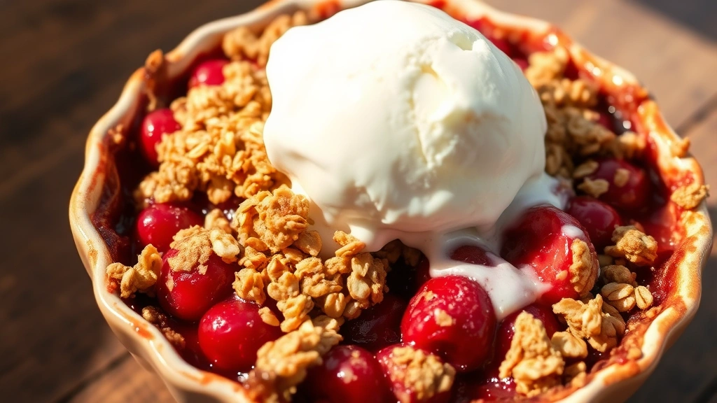 hero: warm cherry crisp fresh from the oven with vanilla ice cream melting on top, golden oat topping, bubbling cherry filling visible at edges, wooden table background, natural afternoon light, no text