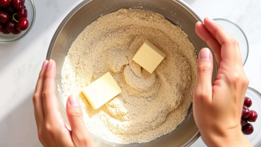 process: hands mixing cold butter into oat flour mixture showing sandy texture, stainless steel bowl, bright kitchen counter with cherry filling visible in background, natural daylight, overhead angle