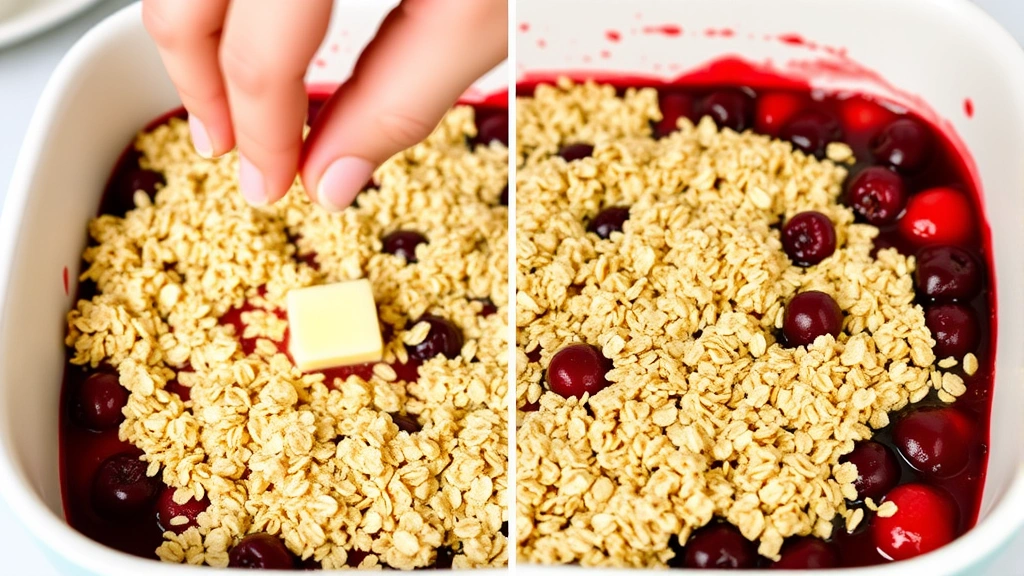 process: hands sprinkling buttery oat topping over cherry filling in baking dish, close-up action shot, natural kitchen lighting, no text