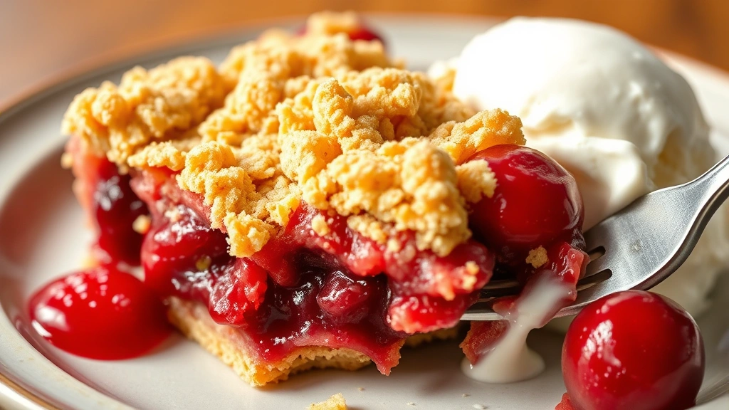 detail: close-up cross-section of cherry crisp showing layers of golden crispy topping and ruby red cherry filling with juice, ceramic plate, fork taking a bite, creamy vanilla ice cream melting on side, macro photography, warm natural lighting