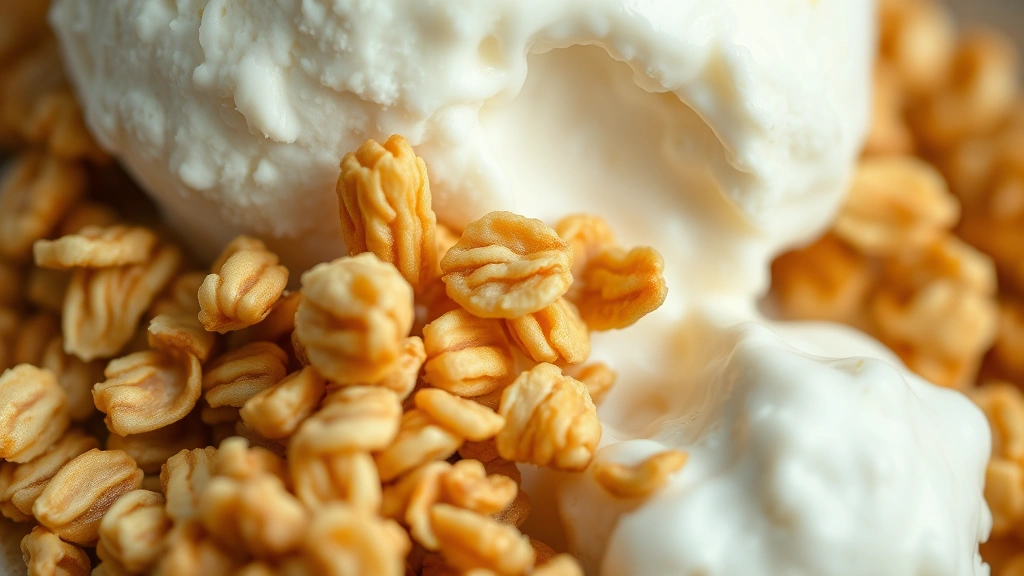 detail: close-up of crispy golden oat topping with melting ice cream, individual crisp texture visible, macro photography style, natural light, no text