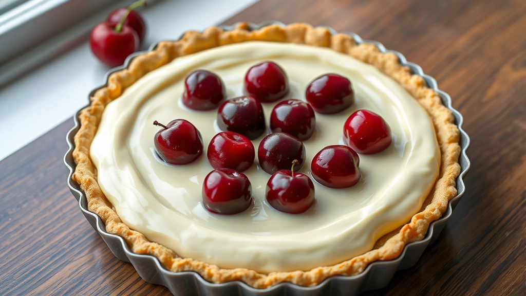 hero: beautiful cherry fruit tart with glossy cherries arranged in concentric circles on pastry cream in a tart pan, photorealistic, natural daylight from window, no text, professional food photography