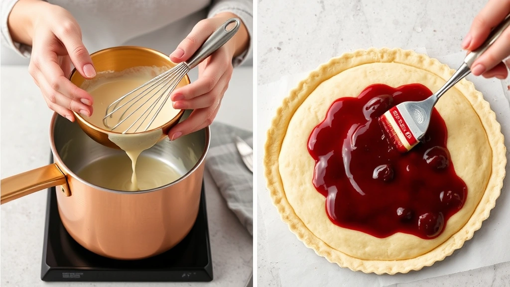 process: hands whisking pastry cream in copper bowl over saucepan, pastry crust being brushed with cherry glaze, photorealistic, natural light, no text