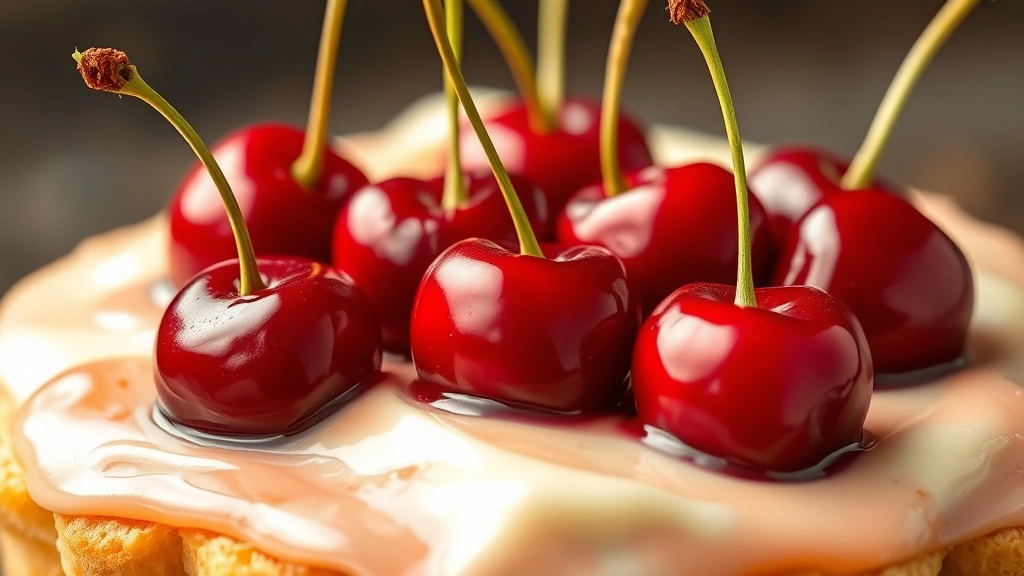 detail: close-up of fresh pitted cherries arranged on pastry cream with glossy glaze coating, photorealistic, macro photography, natural light, no text