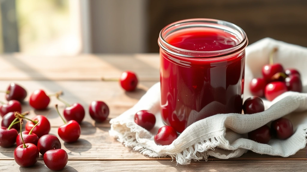 hero: glossy ruby red cherry jelly in clear glass jar with linen cloth and fresh cherries scattered around, morning sunlight streaming from left, rustic wooden table surface, no text or labels