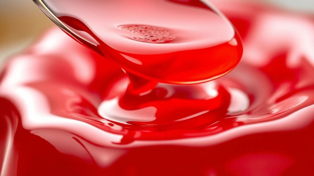 detail: extreme close-up of jewel-toned cherry jelly with perfect glossy shine, spoon dripping thick jelly, crystal clear texture showing light refraction, macro photography style, no text