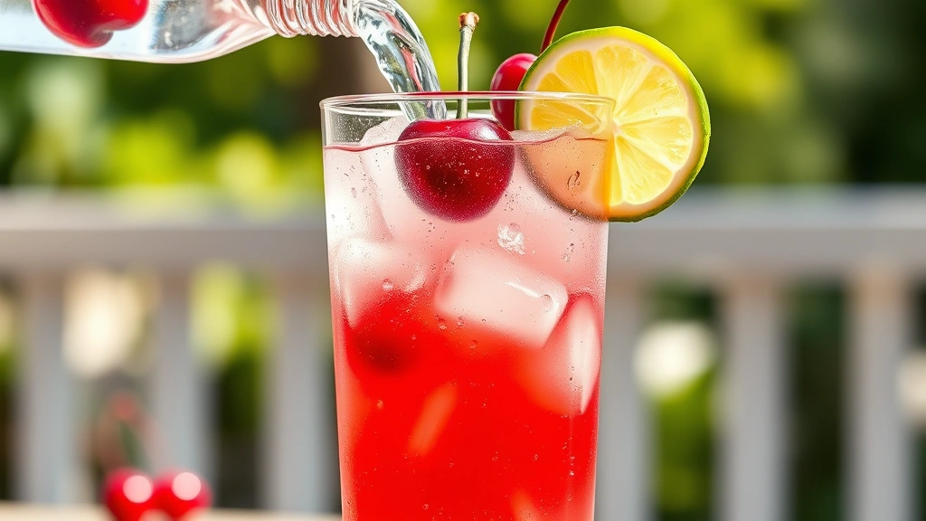 hero: tall glass filled with cherry limeade and ice, garnished with fresh cherry and lime slice, sparkling water being poured in, bright red cherry color, natural sunlight, condensation on glass, summer outdoor setting, photorealistic, no text