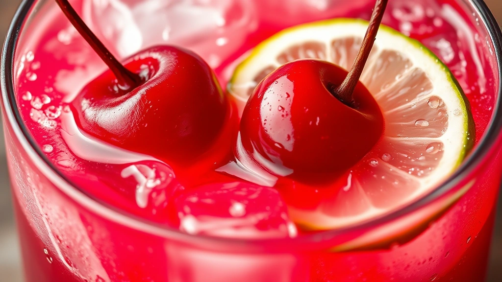 detail: close-up of cherry limeade drink with ice cubes and garnish, fresh cherry and lime slice visible, ruby red color of drink, water droplets and condensation, photorealistic macro photography, natural light, no text