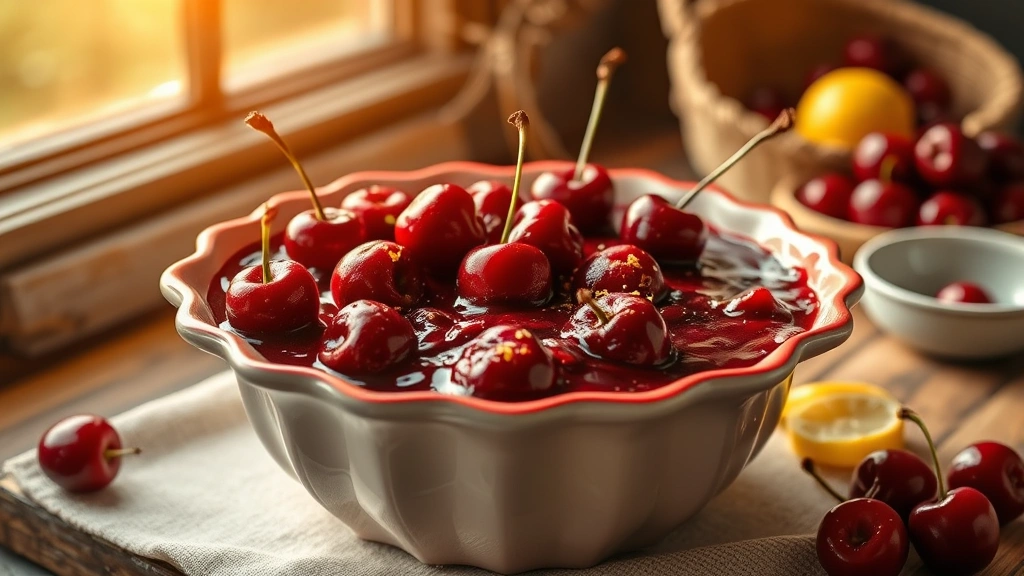 hero: finished cherry pie filling in ceramic bowl, deep ruby red color, garnished with fresh cherries and lemon zest, golden afternoon light streaming through window, rustic farmhouse setting