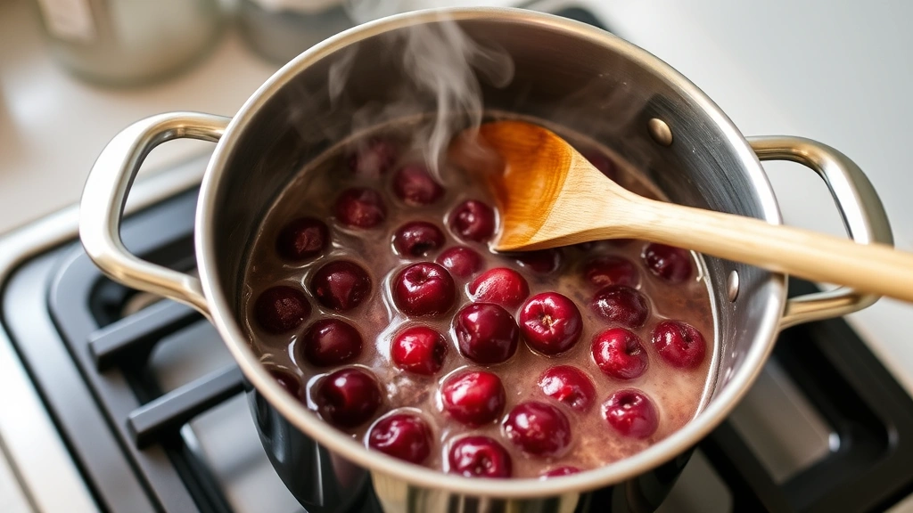 process: saucepan with cherry filling simmering on stovetop, visible steam, wooden spoon stirring, cherries mid-thickening stage, natural kitchen light