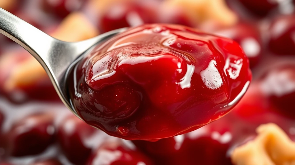 detail: extreme close-up of cherry pie filling texture, individual cherries visible in glossy filling, spoon holding filling showing consistency, warm natural light