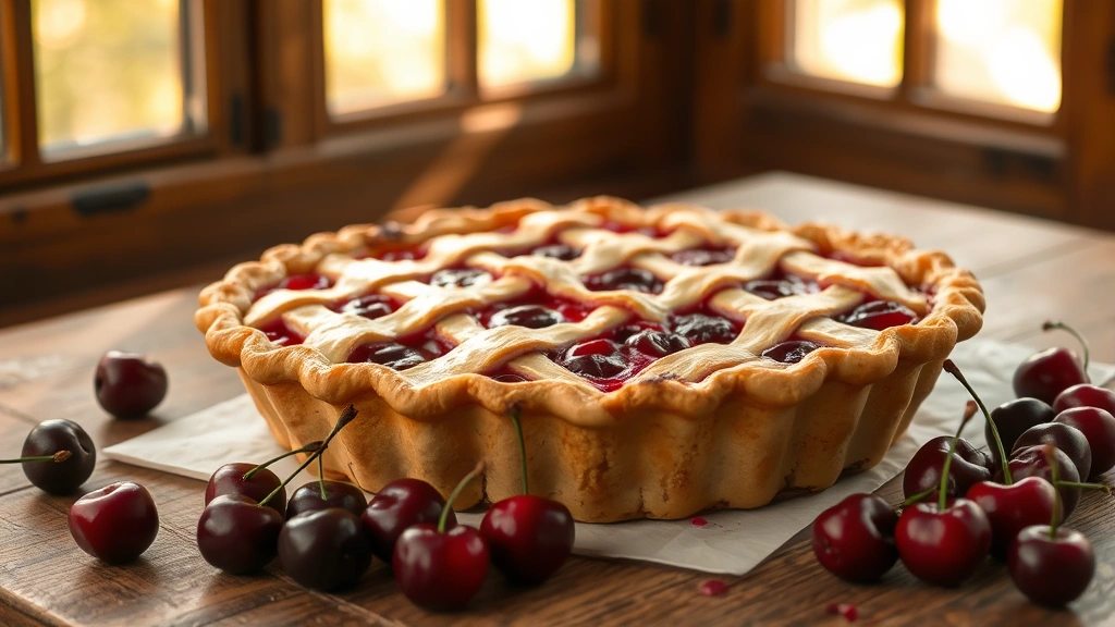 hero: whole cherry pie with lattice crust, deep red filling visible through lattice, fresh cherries scattered nearby, rustic wooden table, golden hour sunlight streaming through window, no text