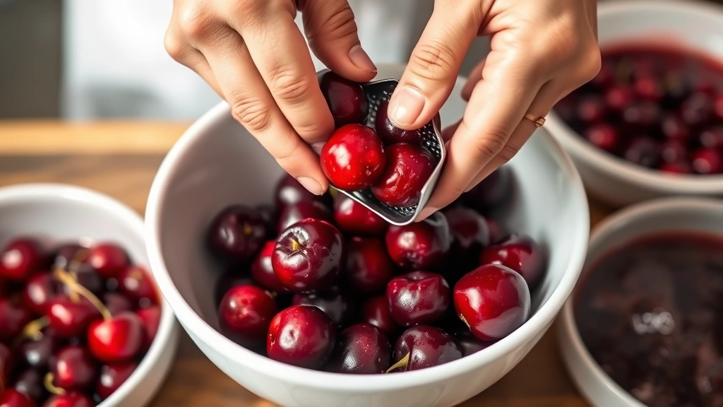 process: hands pitting fresh cherries over white bowl, cherry pitter tool visible, bright cherries and juice, natural kitchen light, close cooking action, no text