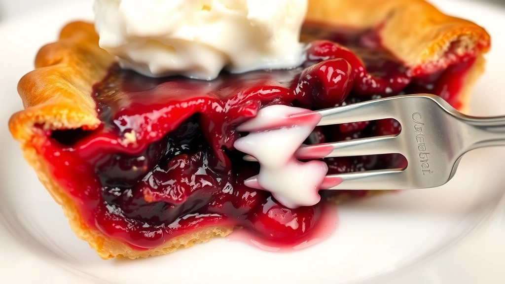 detail: cross-section of baked cherry pie showing glossy deep red filling with perfect consistency, slice on white plate with vanilla ice cream melting on top, fork about to cut, shallow depth of field, no text