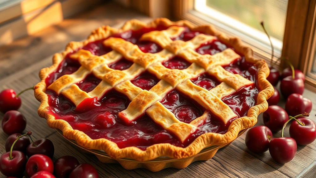 hero: homemade cherry pie with golden lattice crust, ruby-red cherries visible through lattice, glossy filling bubbling at edges, served on rustic wooden surface with fresh cherries scattered nearby, natural window light, afternoon golden hour lighting