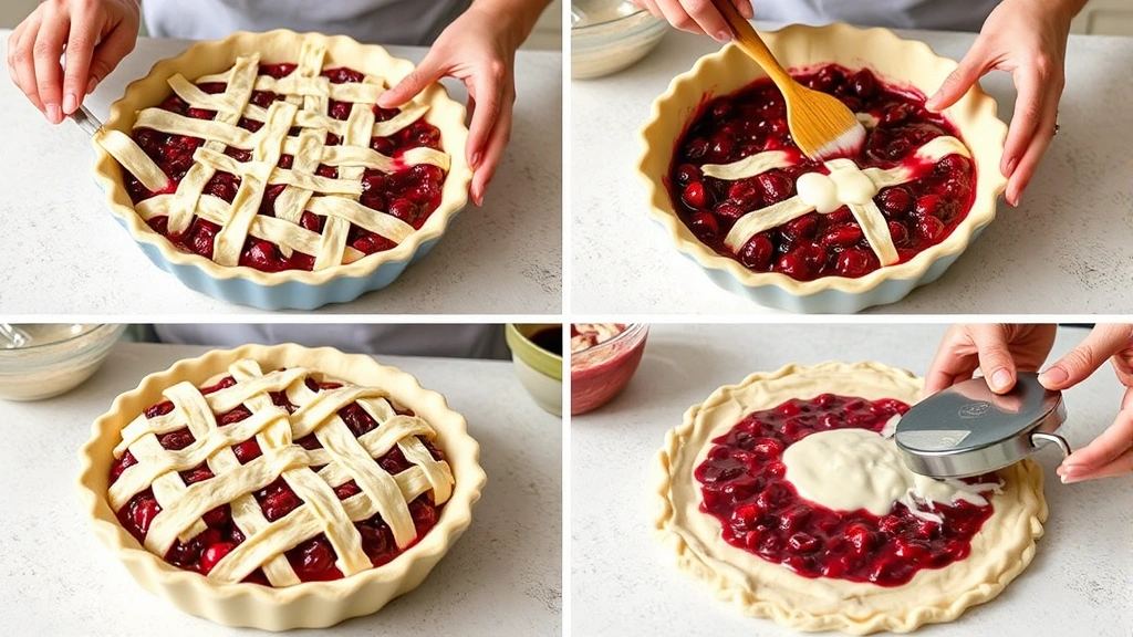 process: hands weaving lattice strips over cherry pie filling, baker brushing egg wash on pastry, cherry filling in saucepan with wooden spoon, dough being worked with pastry cutter, all in bright kitchen with natural light