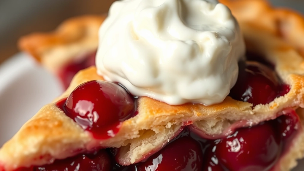 detail: close-up slice of cherry pie showing flaky buttery layers, glossy cherry filling with individual cherries visible, vanilla ice cream melting on top, golden crust texture prominent, shallow depth of field