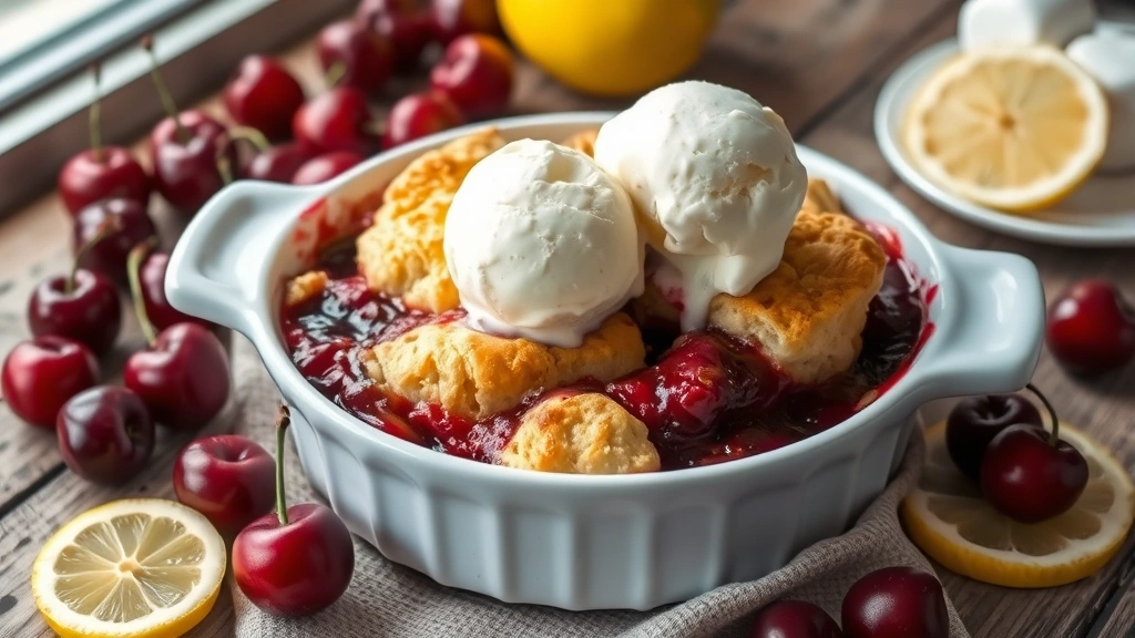 hero: golden-brown cherry cobbler with biscuit topping in a ceramic baking dish, vanilla ice cream melting on top, surrounded by fresh cherries and lemon slices, natural window light, rustic wooden table surface, no text or watermarks