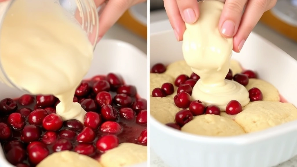 process: hands dropping biscuit batter over cherry filling in baking dish, close-up action shot, natural kitchen lighting, showing texture of raw batter and ruby-red cherries, no text