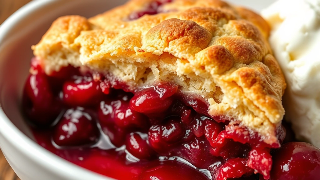 detail: close-up cross-section of warm cherry cobbler showing layers of juicy filling and golden-brown biscuit topping with steam rising, served in white bowl with melting vanilla ice cream, natural daylight, no text