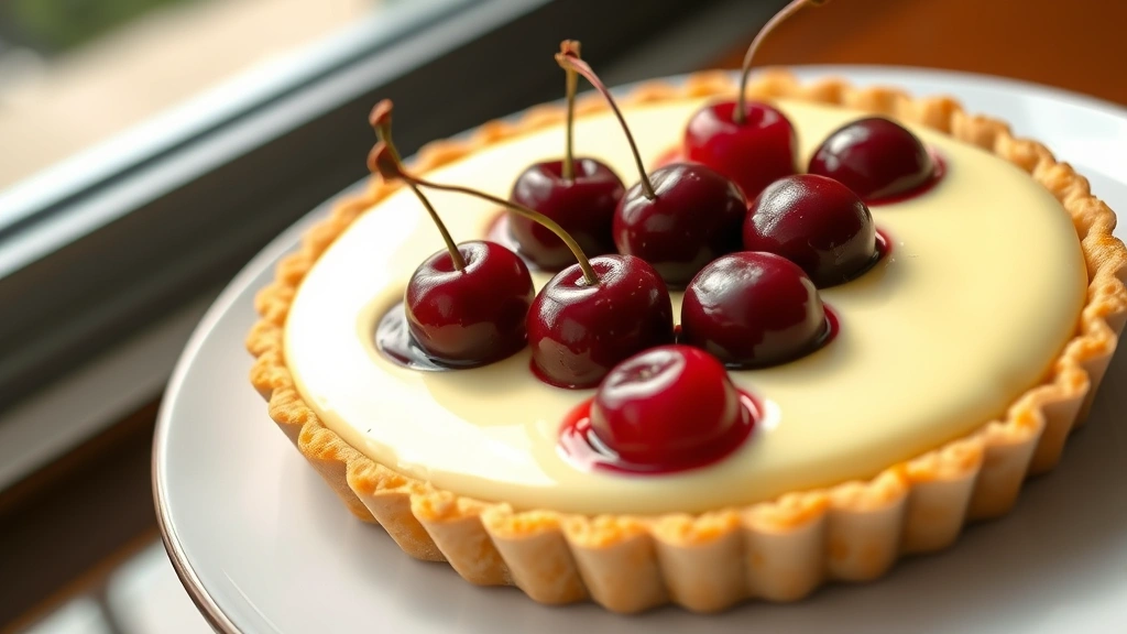 hero: elegant cherry tart with jewel-like red cherries arranged in circles on silky custard, buttery crust visible, natural window light, shallow depth of field, fine dining plating