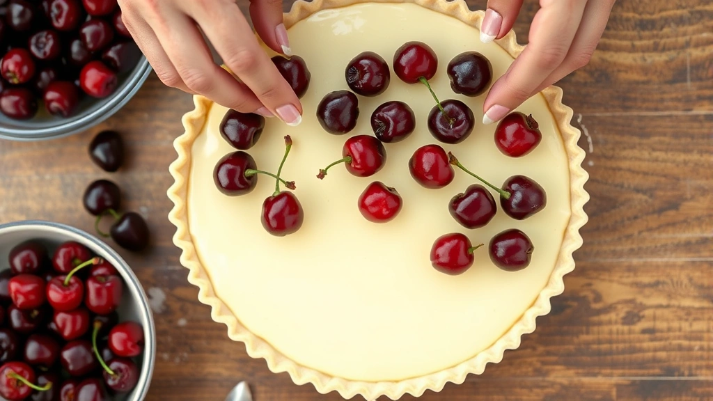 process: hands carefully arranging fresh pitted cherries on custard-filled tart shell, overhead shot, natural daylight, showing the arrangement technique