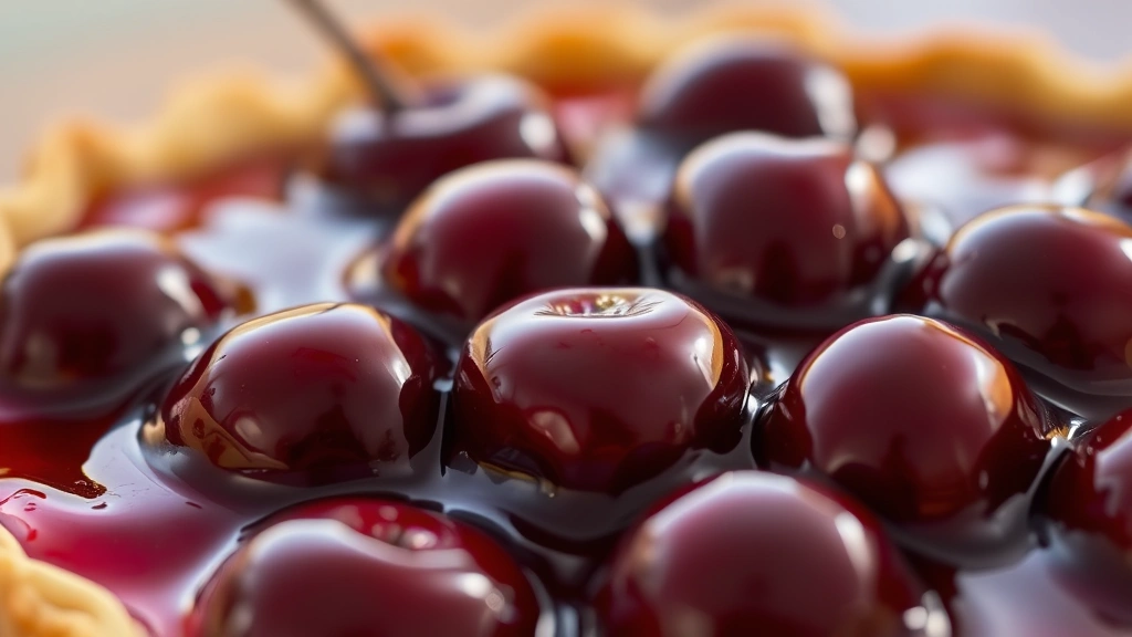 detail: close-up of glossy glazed cherry tart surface showing individual cherries glistening with glaze, custard filling visible at edges, warm natural light, macro photography