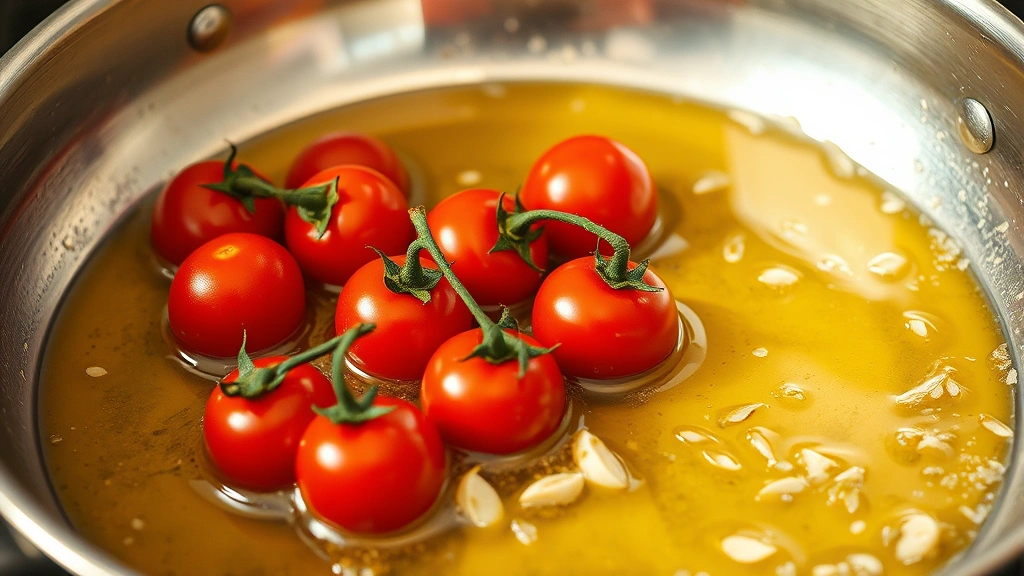 process: cherry tomatoes bursting in olive oil in a stainless steel skillet with garlic, photorealistic, warm kitchen lighting, no text