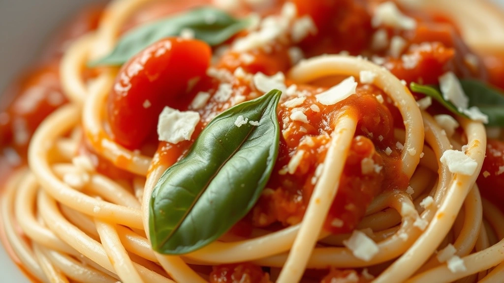 detail: close-up of creamy pasta coated in burst cherry tomato sauce with torn basil leaves and cheese shavings, photorealistic, shallow depth of field, no text