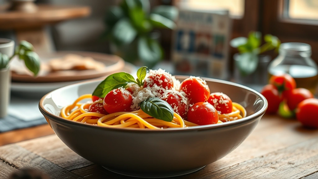 hero: steaming bowl of cherry tomatoes pasta with fresh basil, grated Parmesan, golden olive oil drizzle, rustic Italian table setting, natural window light, shallow depth of field, professional food photography, warm tones