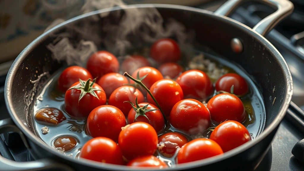 process: cherry tomatoes blistering and bursting in skillet with garlic and olive oil, pan over medium heat, vibrant red tomatoes, steam rising, natural daylight from kitchen window, close mid-range shot