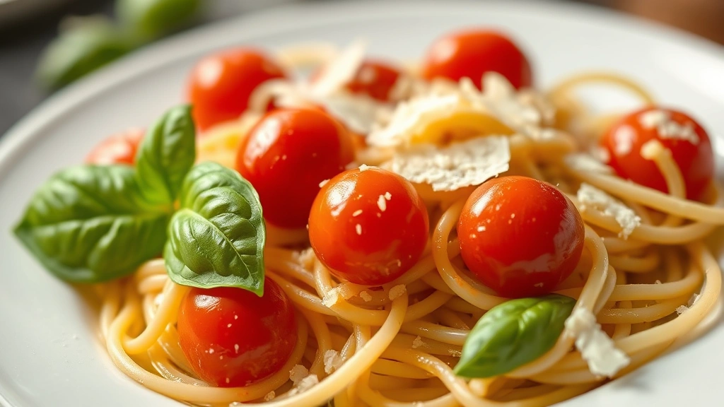 detail: close-up of pasta with burst cherry tomatoes, fresh basil leaf, Parmesan shavings, glistening olive oil, shallow depth of field, macro photography, bright natural lighting, food styling on white ceramic plate