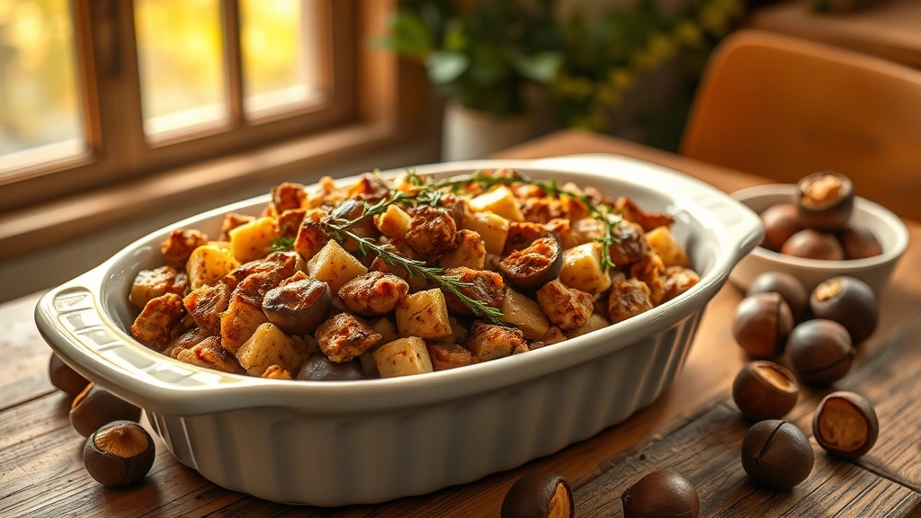 hero: golden-brown chestnut stuffing in white ceramic baking dish, garnished with fresh thyme sprigs and scattered roasted chestnut halves, warm autumn lighting through kitchen window, rustic wooden table, photorealistic, no text