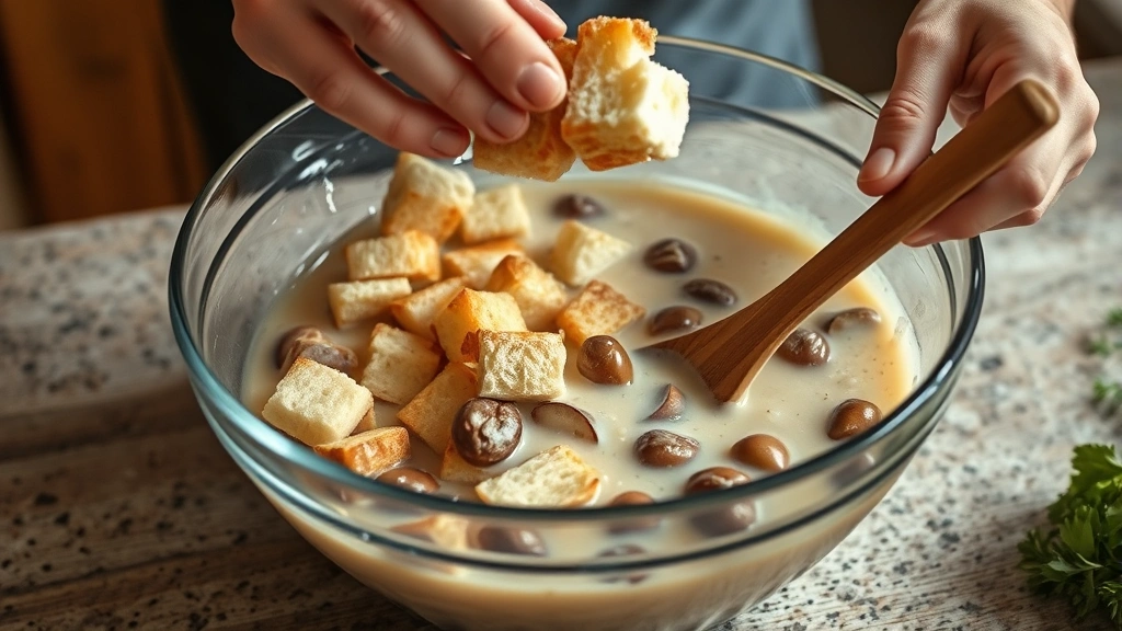 process: hands tossing bread cubes with creamy broth mixture in large glass bowl, roasted chestnuts visible, wooden spoon stirring, warm kitchen counter lighting, photorealistic, no text
