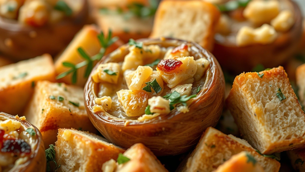 detail: close-up macro shot of stuffing showing roasted chestnut halves, crispy bread cubes, fresh herb pieces, creamy texture, shallow depth of field, warm golden lighting, photorealistic, no text