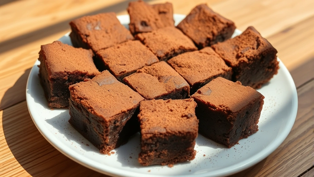 hero: plate of fresh fudgy chewy brownies cut into squares, dusted with cocoa powder, natural daylight streaming across wooden surface, no text or watermarks