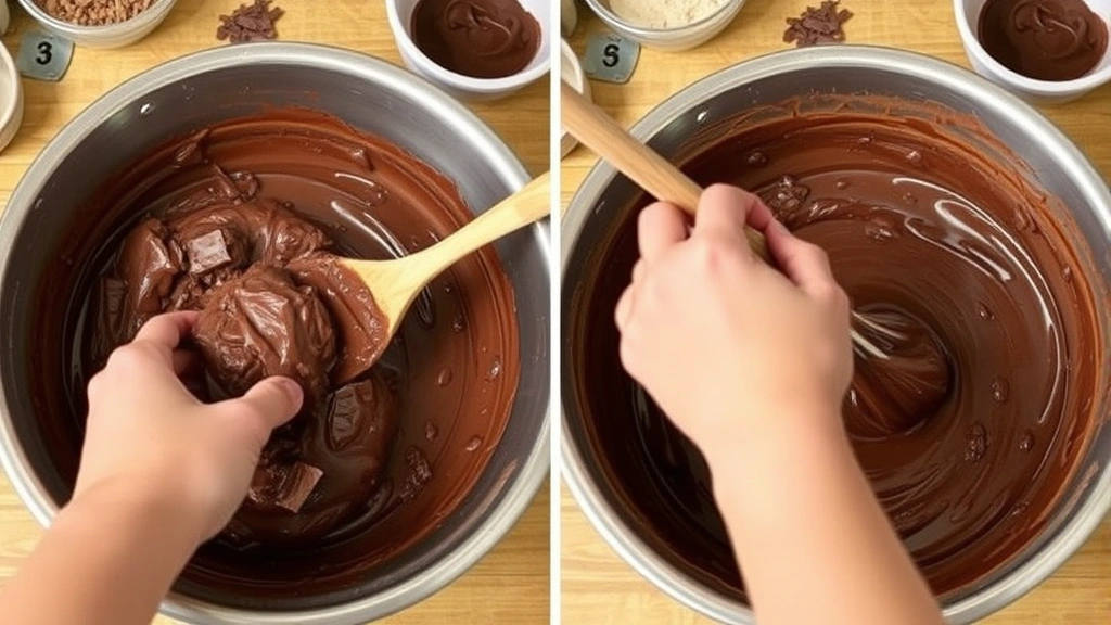 process: hands folding chocolate batter in metal bowl with wooden spoon, melted chocolate and ingredients visible, warm kitchen lighting, no text