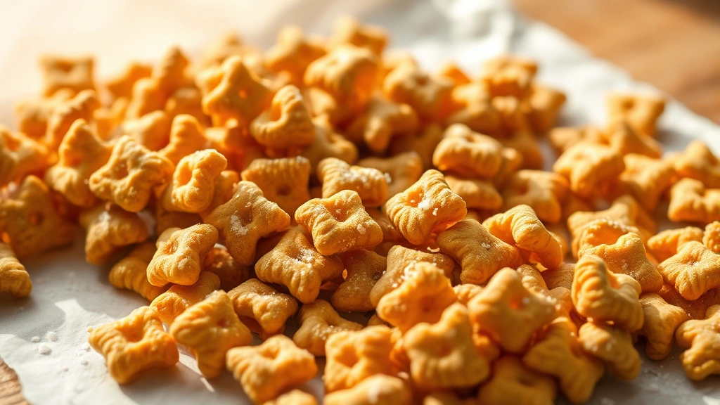 hero: Golden-brown Chex Buddies clustered on white parchment paper, some dusted with sea salt, natural window light creating shadows and highlights, shallow depth of field, no text visible