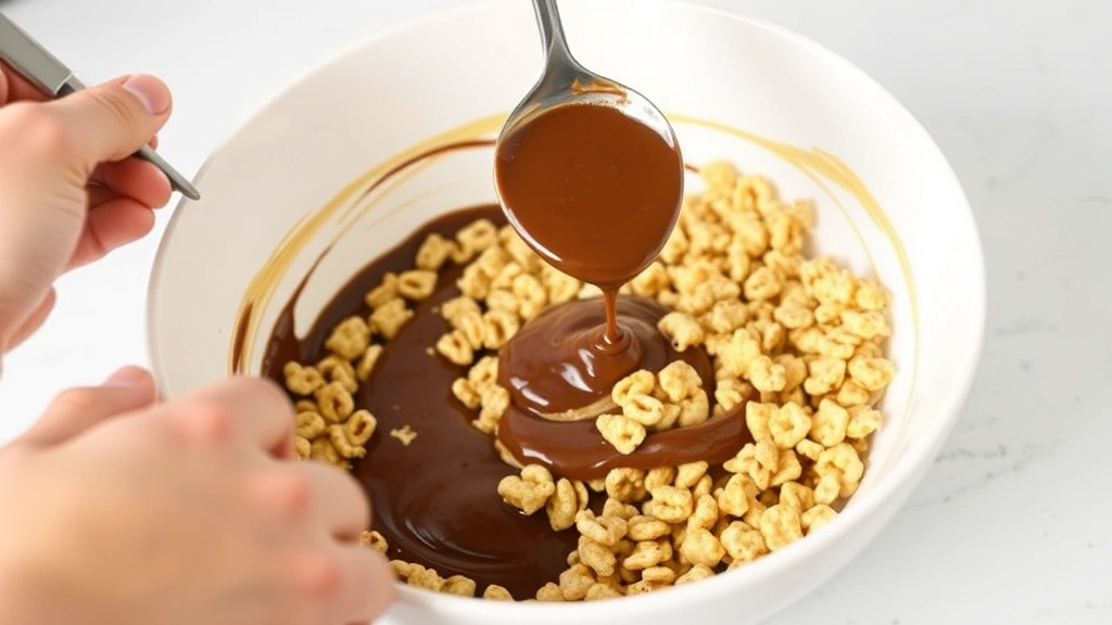 process: Hands stirring melted chocolate and peanut butter coating into Chex cereal in a large white bowl, spoon lifting mixture to show coverage, bright kitchen counter setting, no text