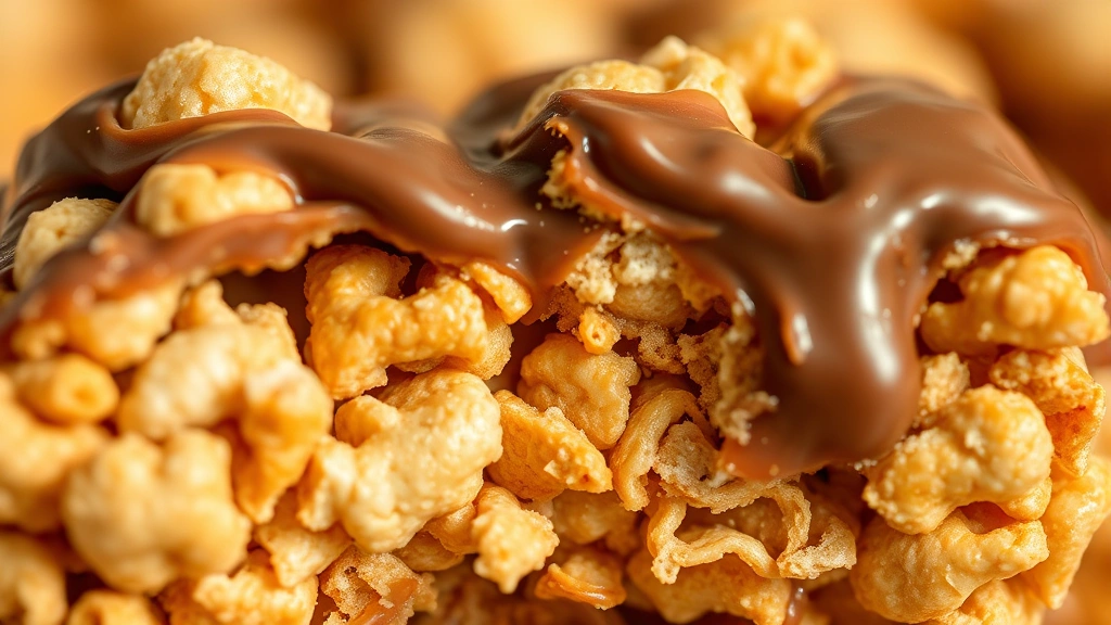detail: Close-up macro shot of single Chex Buddy broken in half showing crispy cereal interior and glossy chocolate-peanut butter coating, warm natural light, shallow focus, no text